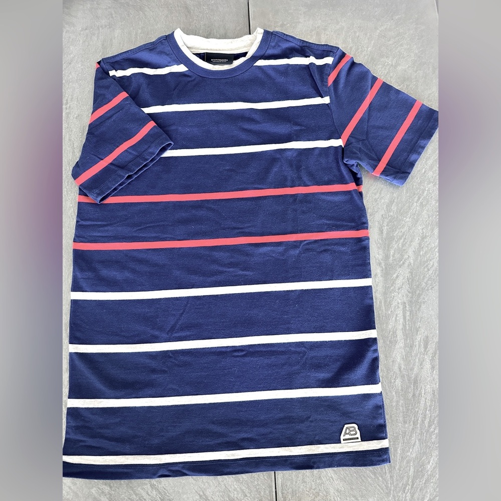 Scotch & Soda Men’s 100% Cotton Small Striped Blue and Red T-Shirt
